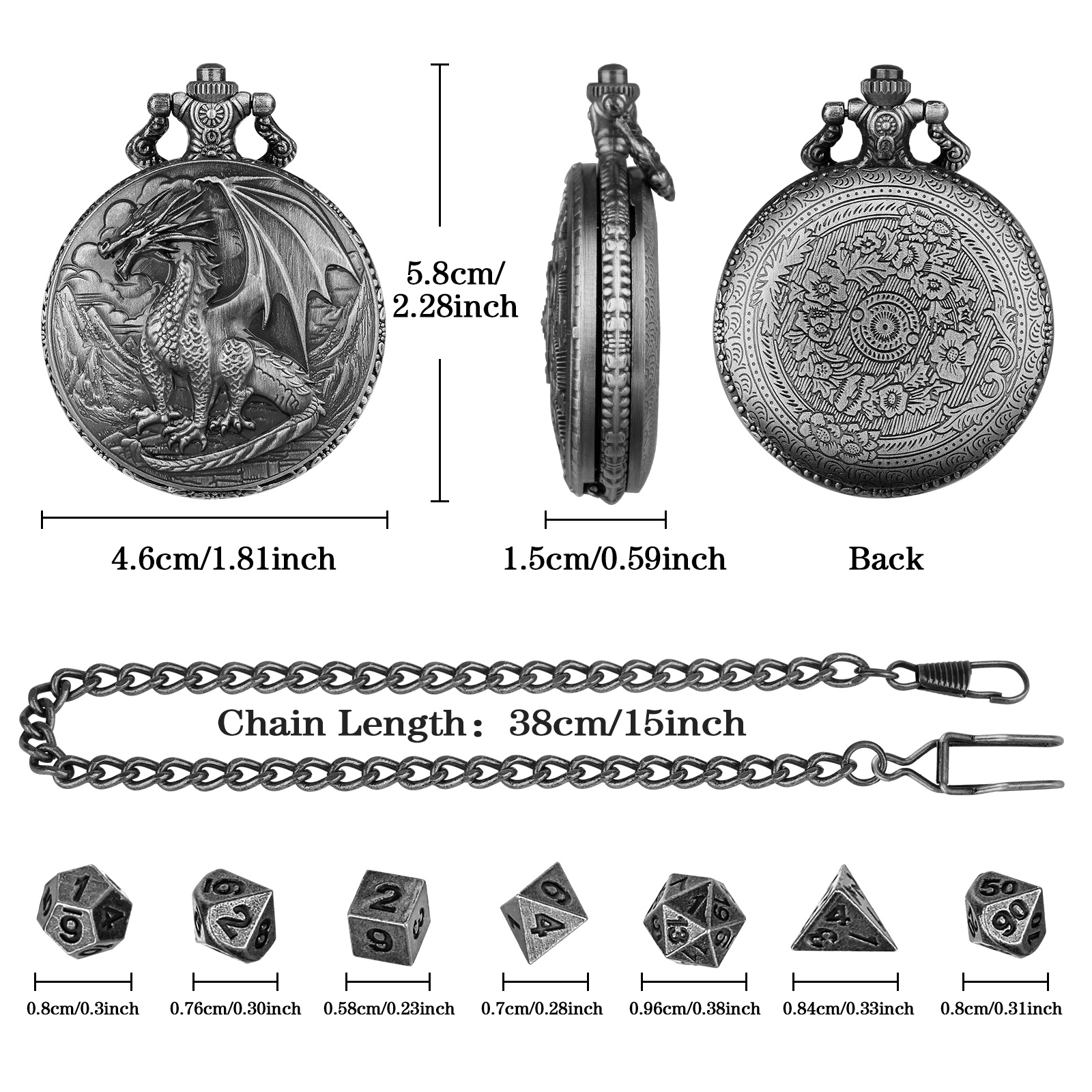 3D Dragon Pocket Watch Mini Dice Set 7 Metal DND RPG Dice Bronze or Silver - Image 4