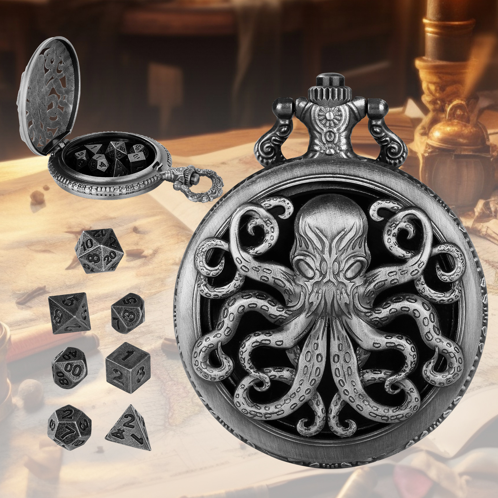 Octopus Pocket Watch Dice Set 7 Mini Metal DND RPG Dice with Chain - Image 2