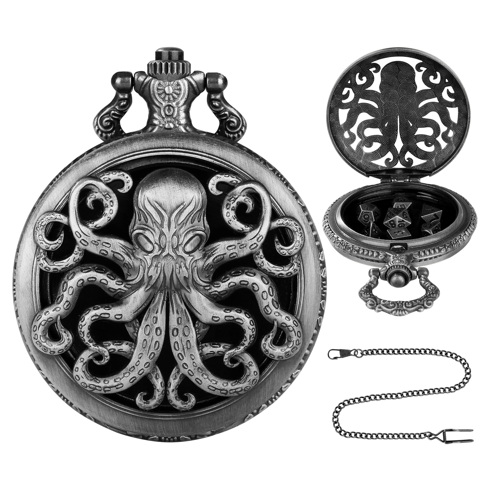 Octopus Pocket Watch Dice Set 7 Mini Metal DND RPG Dice with Chain - Image 7