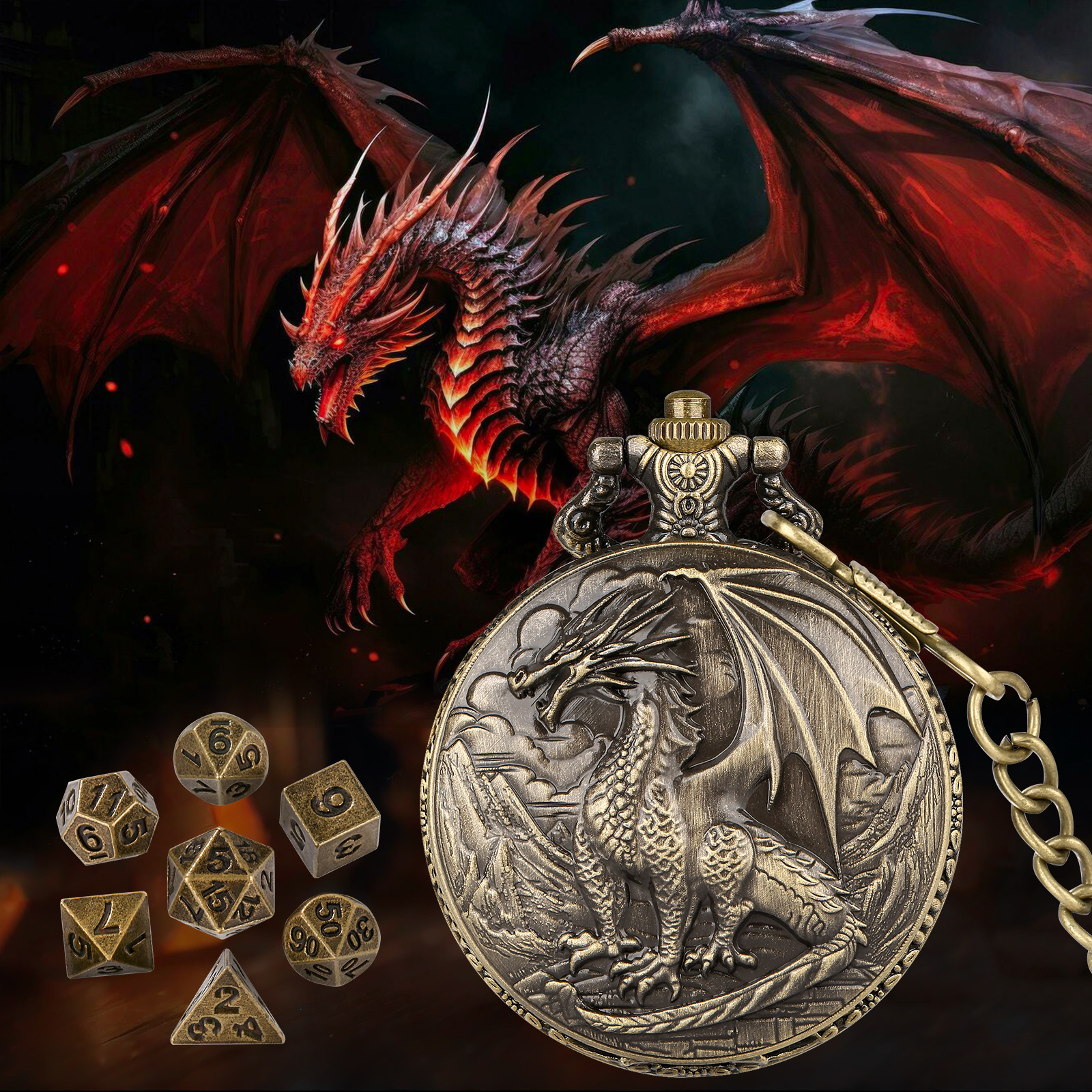 3D Dragon Pocket Watch Mini Dice Set 7 Metal DND RPG Dice Bronze or Silver - Image 2