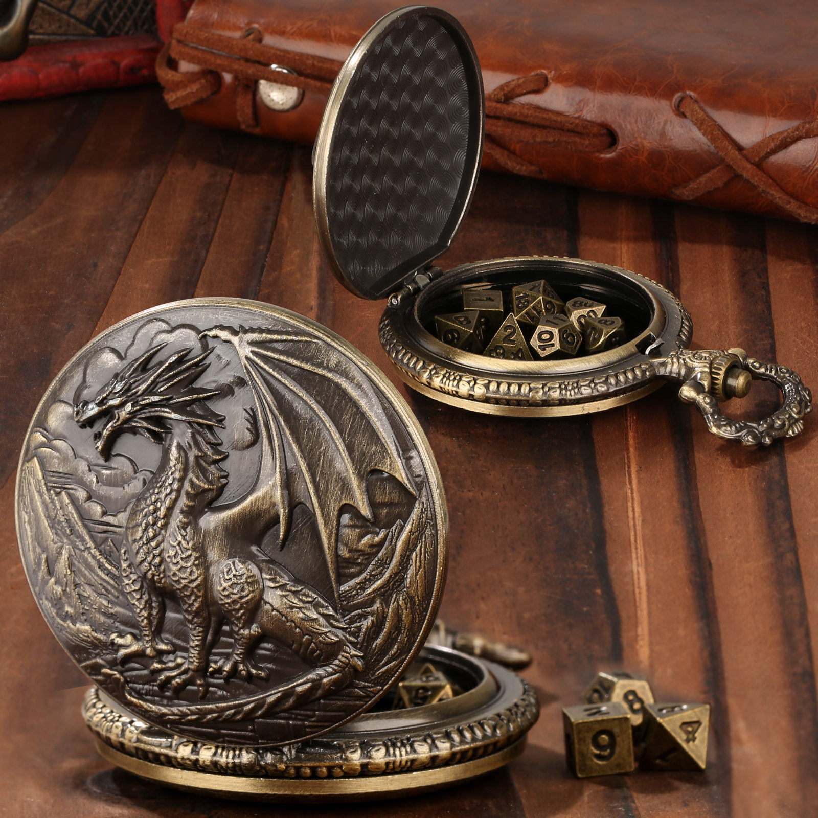 3D Dragon Pocket Watch Mini Dice Set 7 Metal DND RPG Dice Bronze or Silver - Image 6