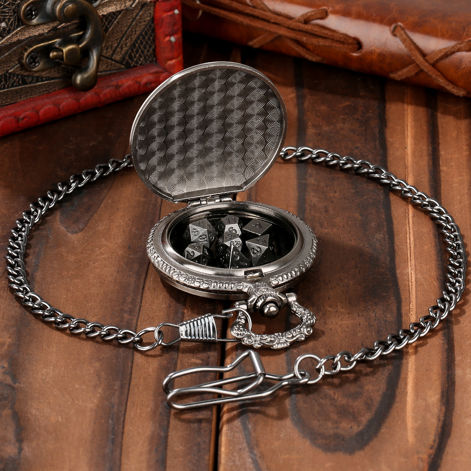 3D Dragon Pocket Watch Mini Dice Set 7 Metal DND RPG Dice Bronze or Silver - Image 8