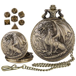 3D Dragon Pocket Watch Mini Dice Set 7 Metal DND RPG Dice Bronze or Silver